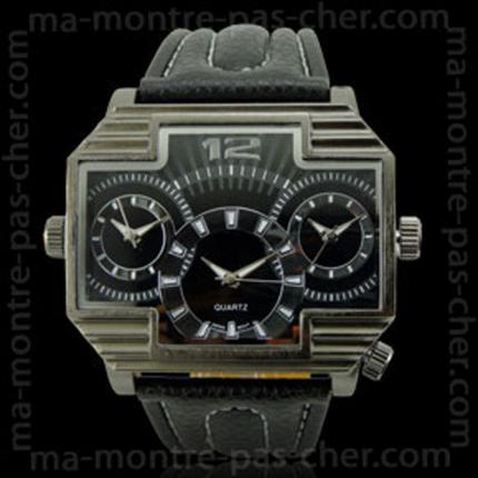 Grosse montre homme noire pas cher avec bracelet design en cuir