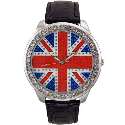 Montre femme drapeau anglais avec bracelet en cuir noir